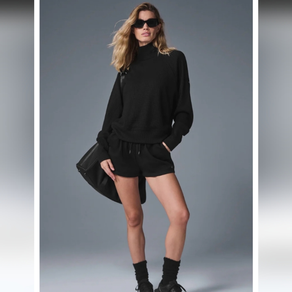 ALO Yoga Waffle Weekend Escape Mock Neck Long Sleeve Black Sweatshirt Top